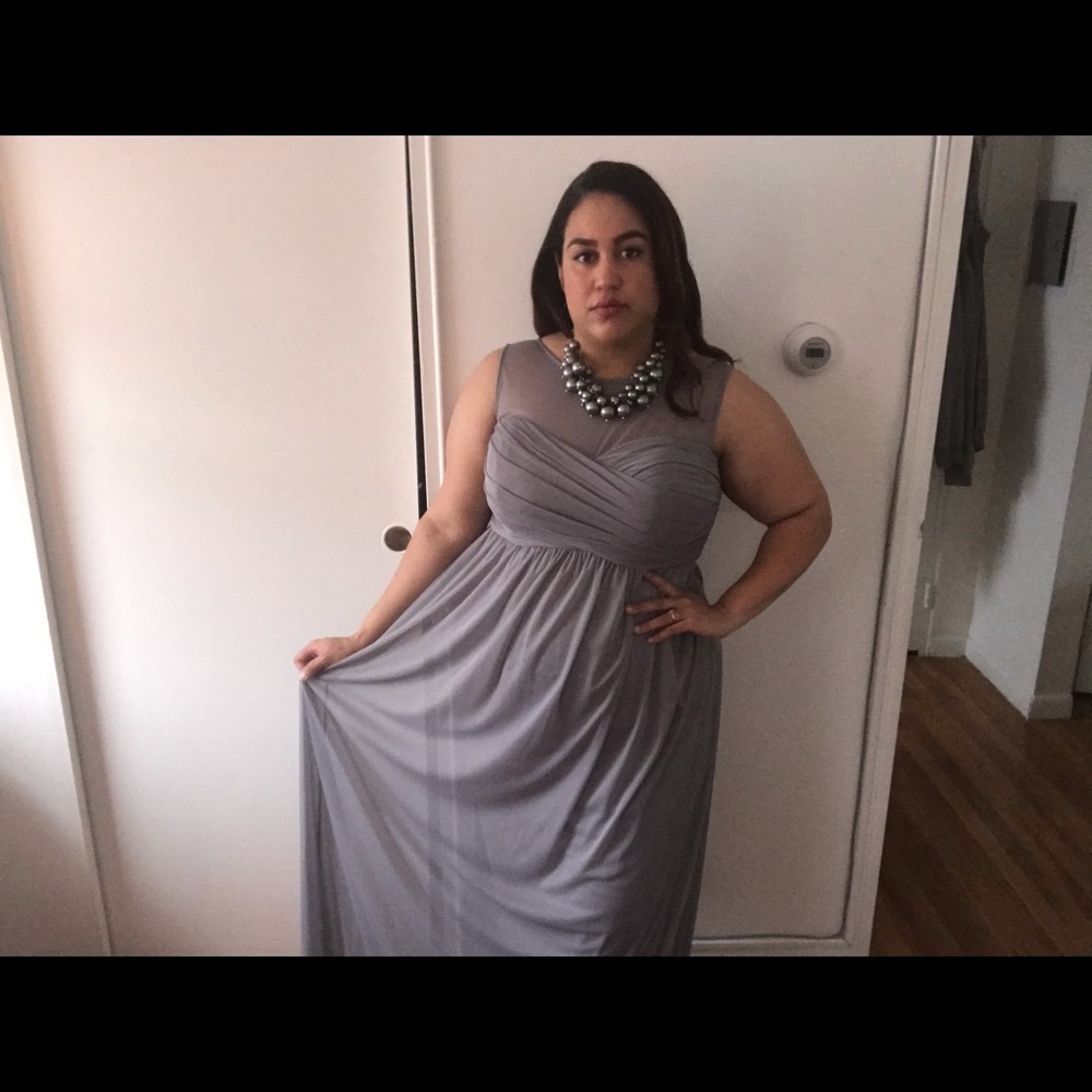 David’s bridal grey floor length sleeveless gown